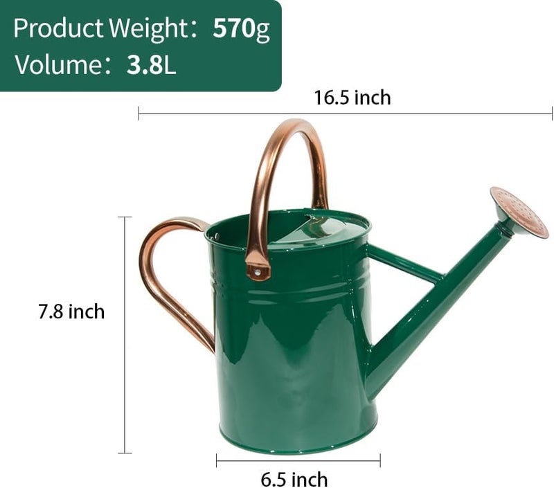 yourjoy Steel Watering Can Sliver Galvanized Steel Watering Can with Copper Accents,Removable Rosette-Diffuser,One-Gallon Green - Image 2